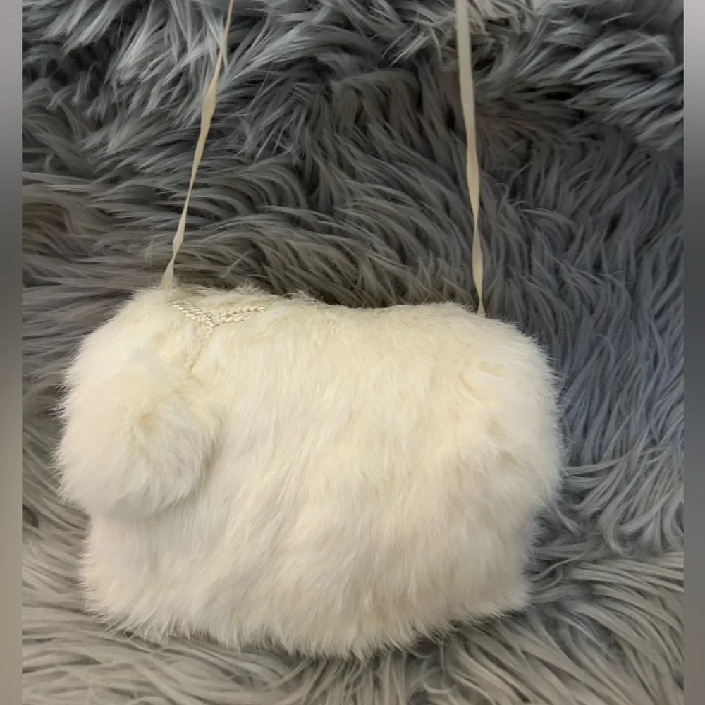 Girls Elegant Vintage White Rabbit Fur Hand muff, Satin lining, 8 inches Long
